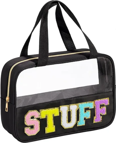 Miniatura 14 de BuyCard Bolsas de Viaje Transparentes con Parche de Letra de Chenilla, Bolsa de Maquillaje Preppy de PVC y Nylon con Asa y Cremallera, Bolsa