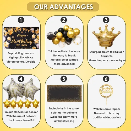 Miniatura 7 de Decoraciones de cumpleaños doradas y negras – Cartel feliz, guirnalda de arco de globos para hombres, mujeres, niñas, dulces 16, 21, 30, 40, 50