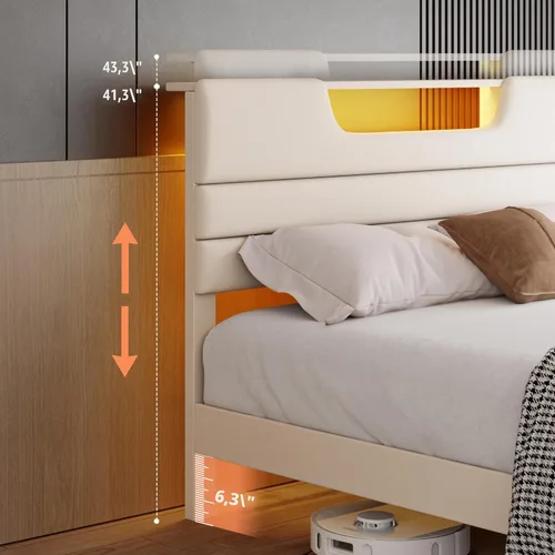 Miniatura 6 de OURPIC - Marcos de cama tamaño Queen con cabecero tapizado, cama moderna con plataforma y estación de carga y luces LED, marco de cama con listones