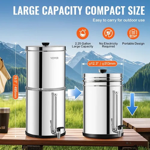 Miniatura 5 de VEVOR Sistema de filtro de agua alimentado por gravedad, sistema de sobremesa de acero inoxidable 304 de 2.25G, sistema de filtración de agua, Nivel