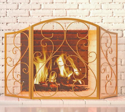 Miniatura 6 de Fire Beauty Pantalla de Chimenea de 3 Paneles de Hierro Forjado Metálico 48"(L) x 30"(H) Protector contra Chispas (Acabado Dorado)