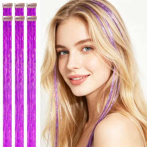 Miniatura 15 de Celinebella 6 extensiones de cabello con clip de mezcla de color rojo, plateado y azul, 6 unidades, resistentes al calor, para mujeres, 17-Azul