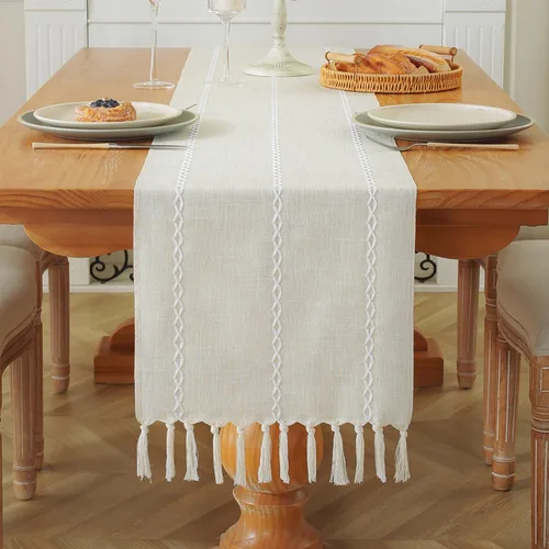 Laolitou - Camino de mesa rústico con borlas, bordado de mesa de algodón y lino para decoración de fiesta navideña, caminos de mesa de estilo