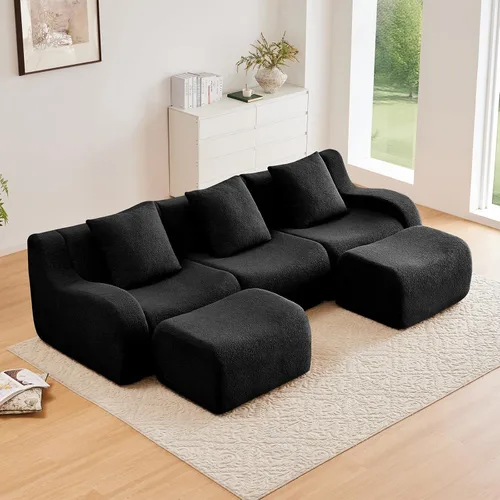 Miniatura 42 de Otomana de tela de peluche negra, moderno reposapiés modular sin hueso en una caja para sala de estar, cómodo diseño de asiento profundo,