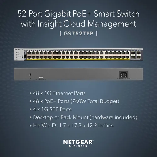 Miniatura 2 de NETGEAR Conmutador Inteligente Gigabit Ethernet PoE de 52 puertos (GS752TPP) - Administración en la nube Insight opcional, 48 x PoE+ @ 760W, 4 x 1G