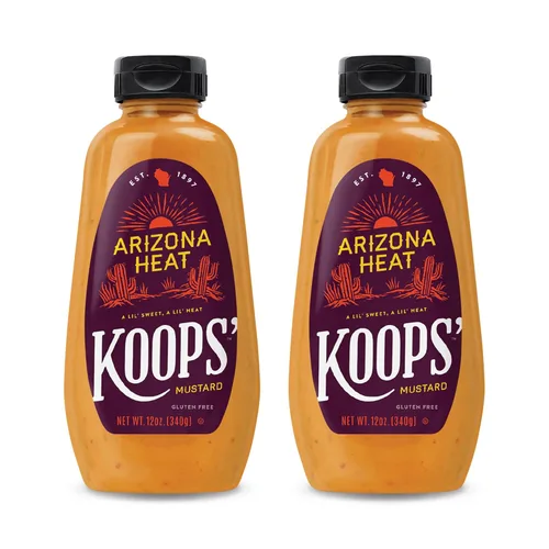 Koops' Mostaza Arizona Heat - Mostaza dulce y picante, sin gluten, kosher, fabricada en Estados Unidos, a partir de semillas de mostaza de calidad,