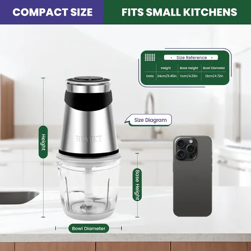 Miniatura 2 de BUMET Procesador eléctrico de alimentos, picador de verduras de 500 W con cuenco de vidrio de 2.5 tazas y cortador de acero inoxidable de 4