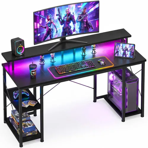 ODK Escritorio gamer de 48 pulgadas con luces LED y enchufes, escritorio para computadora con soporte para monitor y estantes de almacenamiento,