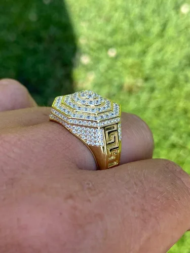 Miniatura 5 de Men's Real Solid 925 Sterling Silver Octagonal Hip Hop Ring - 14k Gold Plated - Super Iced Large Flooded Out Pinky Ring - Sz 7-13