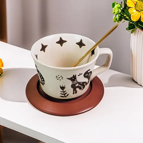 Miniatura 6 de Taza de café de cerámica vintage Taza de té de café de cerámica gruesa con platillo y cuchara de madera, taza de té y platillo de 12 onzas