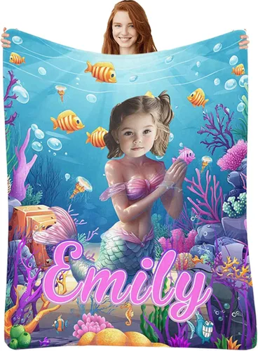 Miniatura 16 de Manta de Sirena Personalizada para Niñas Bebés - Manta de Forro Polar para Recién Nacidos y Niños Pequeños - Foto y Nombre, Regalos de Navidad