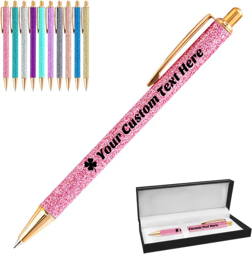 Miniatura 20 de 10 bolígrafos personalizados con purpurina, bolígrafos impresos personalizados a granel, bolígrafos retráctiles de tinta negra para graduación