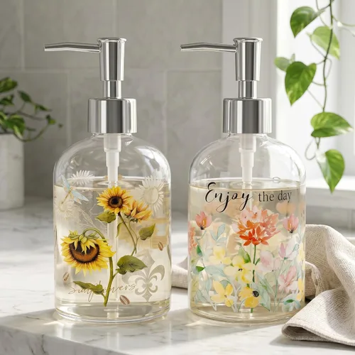 Miniatura 12 de Topadorn Dispensador de jabón de vidrio de 17 onzas con bomba, impresión floral de acuarela Enjoy the Day, botella líquida recargable para cocina
