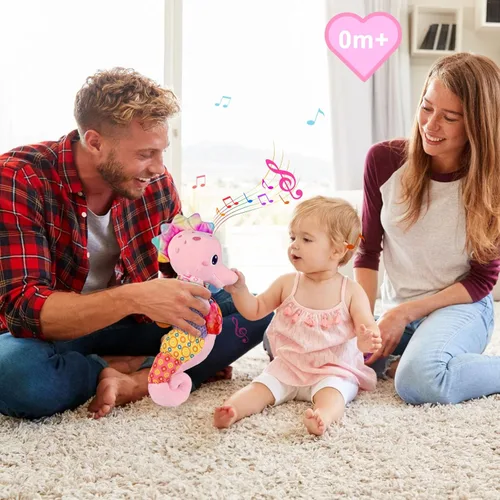 Miniatura 6 de Fuzqq Juguetes para bebé niña de 0 a 6 meses, animal de peluche musical con sonajero, juguete suave para recién nacida de 0 3 6 9 12 meses para Rosa