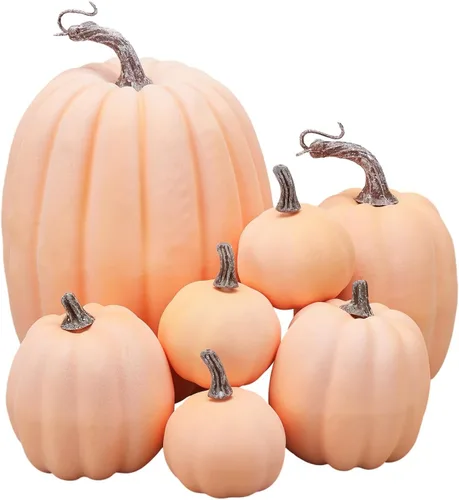 Lizxun 7 calabazas artificiales de Halloween de espuma de imitación de calabaza naranja, calabazas de espuma de cosecha de otoño para otoño, Acción