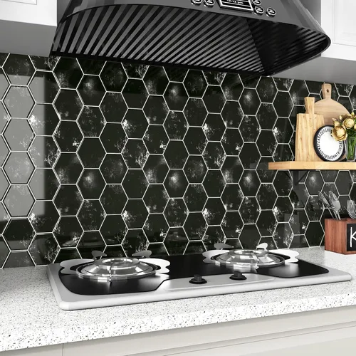 Miniatura 2 de Wallercity Azulejos hexagonales de metro negro para salpicaduras para salpicaduras de mármol en muro para cocina, 10 hojas de azulejos de pared