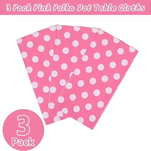 Miniatura 3 de Kesfey 3 paquetes de manteles Minnie Mouse 54 x 108 pulgadas, manteles de lunares rosas desechables de plástico, manteles impermeables de picnic