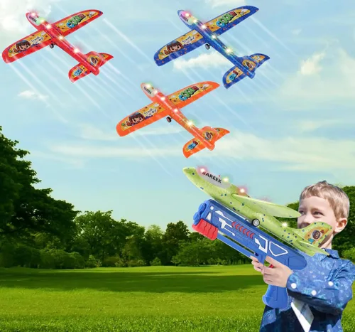 Miniatura 10 de Paquete de 3 lanzadores de aviones de juguete para niños, planeador de espuma ligera LED con lanzador de avión para jugar al aire libre, juguete