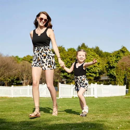 Miniatura 4 de PATPAT Mommy and Me Mameluco sin mangas con cinturón empalme de leopardo casual mono
