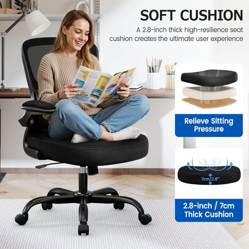 Miniatura 6 de ALLGOD Silla de oficina ergonómica, silla de escritorio ergonómica de malla transpirable con soporte lumbar, reposabrazos abatibles, sillas de Negro