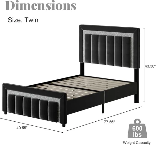 Miniatura 2 de HOMBCK Marcos de Cama Individual, Marco de Cama Tamaño Individual con Cabecera y Pie de Cama de Diseño de Terciopelo Diamante, Marco de Cama