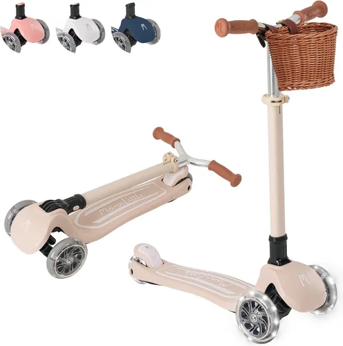 MomnLittle - Patinete para niños de 3 a 10 años (beige/rosa/azul marino/blanco) de 3 ruedas con luces LED, certificado por la CPSC plegable y 4