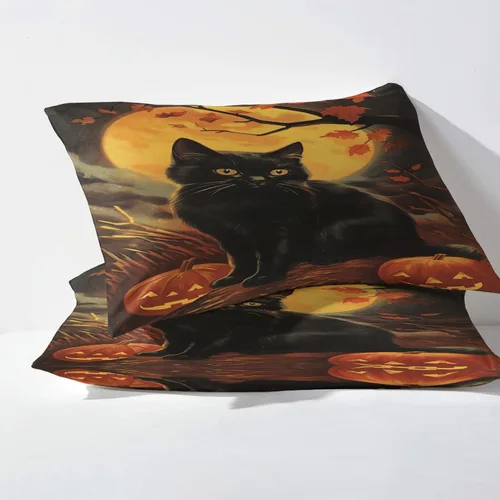 Miniatura 3 de Sábanas de Halloween tamaño individual XL, sábanas de calabaza de gato negro, sábanas y fundas de almohada de 3 piezas, sábana bajera ajustable