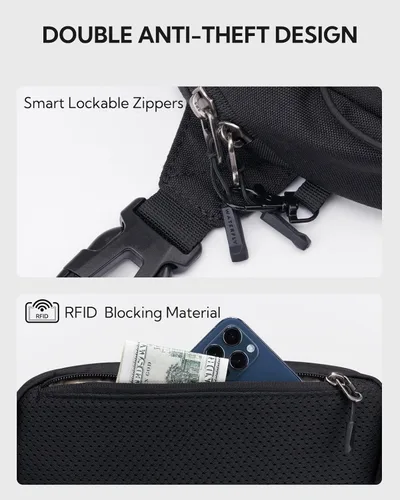 Miniatura 4 de WATERFLY Riñonera ligera y pequeña: Bolso de 1.5L, mini, delgado, cruzado, de cintura, con bloqueo RFID, antirrobo y resistente al agua para Negro