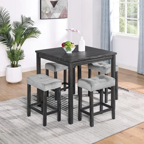 Miniatura 12 de Juego de mesa de bar industrial de 59" de 4 piezas con toma de corriente incorporada, mesa de sofá detrás del sofá con 3 taburetes tapizados