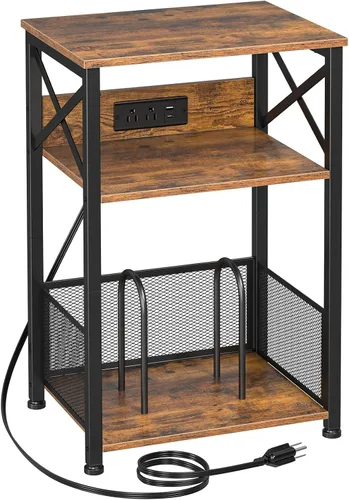 AMHANCIBLE - Soporte para tocadiscos con estación de carga, mesa para tocadiscos con gabinete de almacenamiento, mesa auxiliar de 3 niveles que