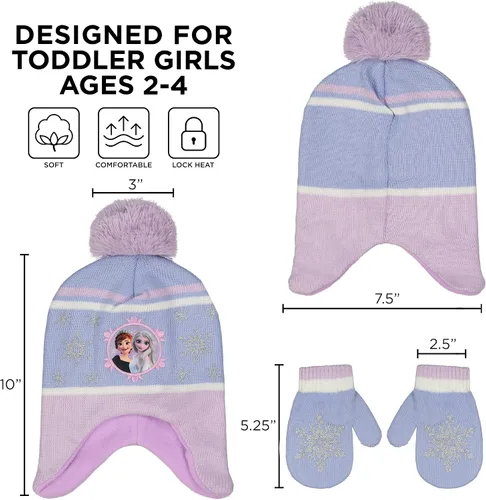 Miniatura 6 de Disney Juego de gorro y guantes de invierno para niñas de 2 a 4 años o Frozen 2 con gorro Elsa Anna y guantes para niños de 4 a 7 años