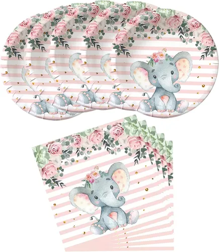 HJFZLY Elefante Baby Shower, suministros de fiesta de cumpleaños de elefante rosa, 20 platos y 20 servilletas, decoración de fiesta de cumpleaños