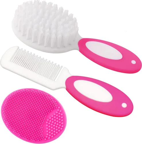 Miniatura 6 de Cepillo para el pelo del bebé, cepillo para la cuna, peine para el pelo del bebé, cepillo de pelo de bebé y juego de peine para recién nacidos y Rosa