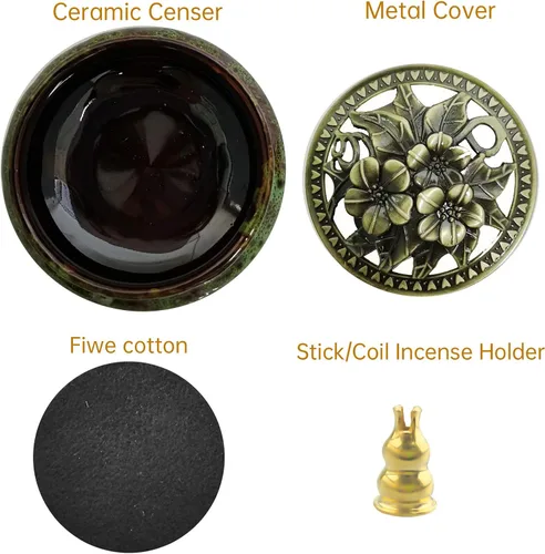 Miniatura 7 de Quemador de incienso de cerámica con soporte de incienso de calabash, 3 en 1, palo o bobina de cono, quemador de incienso con tapa de latón
