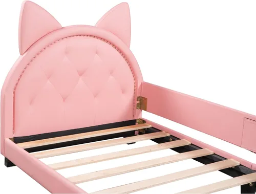 Miniatura 4 de FridayParts Sofá cama tapizado de tamaño individual con cabecero en forma de orejas de cartón, rosa Rosado