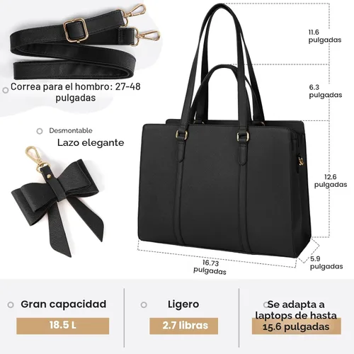 Miniatura 4 de Bolsa de computadora portátil para mujer, bolsa de mano para laptop de 15.6 pulgadas, bolsa de cuero impermeable, maletín grande y ligero, bolsa