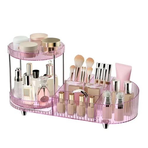 Miniatura 12 de Organizador de maquillaje giratorio para tocador, 2 bandejas de perfume con 5 compartimentos, almacenamiento de cosméticos y cuidado de la piel