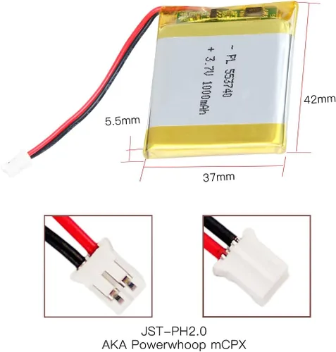 Miniatura 2 de Batería recargable Lipo de la batería del polímero de iones de litio de 3.7v 1000mAh 553740 con el conector del PH 6.6 ft m