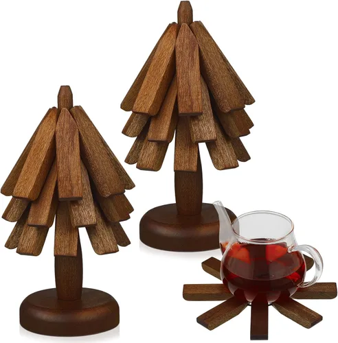Suzile Juego de 2 salvamanteles de madera para platos calientes, juego de salvamanteles con forma de árbol, 6 salvamanteles de madera + 2 soportes