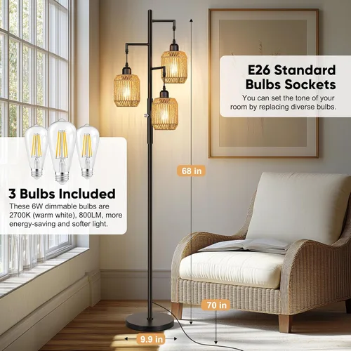 Miniatura 3 de ROTTOGOON Lámpara de Pie Bohemia Regulable - Lámpara de Pie de Ratán de Granja de 3 Luces para Sala de Estar, Lámparas de Pie Industriales tipo