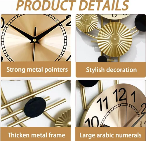 Miniatura 2 de Reloj de pared grande para sala de estar, silencioso, sin tictac, funciona con pilas, reloj de pared redondo y moderno de gran tamaño para dorado