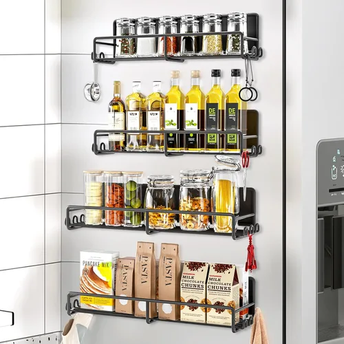 SUNALLY Estante Magnético para Especias para Refrigerador, Paquete de 4 Estantes Magnéticos para Refrigerador con Ganchos, Estante Organizador de