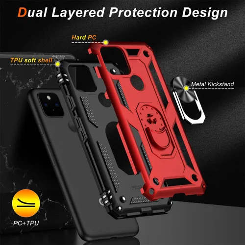 Miniatura 7 de LUMARKE Funda para Google Pixel 5 con protector de pantalla, pasa 16 pies, probada en caídas, grado militar, con soporte de anillo magnético, Rojo