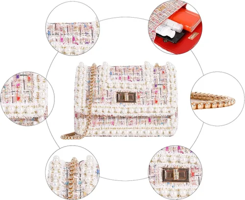 Miniatura 4 de Qiayime Monederos y bolsos de mano para mujer, moda con asa superior, bolso de hombro con cadena de cuentas de perlas