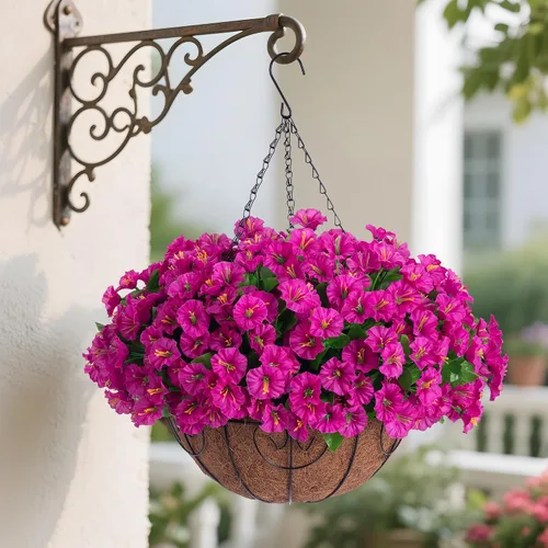 Miniatura 11 de Flores colgantes artificiales con cesta para exteriores, petunias sintéticas, plantas colgantes falsas con eucalipto, resistentes a los rayos UV