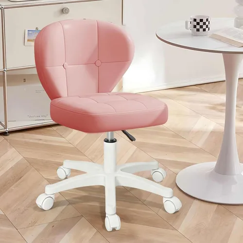 Miniatura 13 de Silla pequeña de oficina con soporte lumbar, silla de escritorio sin brazos de cuero sintético giratoria con altura ajustable, silla compacta Rosa