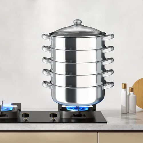 Miniatura 7 de Olla de vapor para cocinar olla de vapor de acero inoxidable de 5 niveles con tapa, ollas de vapor de 11.8 pulgadas, utensilios de cocina con mango