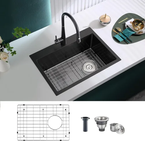Fregadero de cocina negro empotrable de 22 pulgadas de un solo tazón, fregadero de cocina de montaje superior con rejilla inferior protectora,