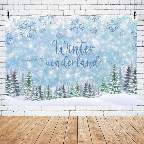 Miniatura 5 de MEHOFOND Telón de fondo de invierno de 8 x 6 pies, diseño de copo de nieve azul, fondo de fotografía de bosque con purpurina para decoración
