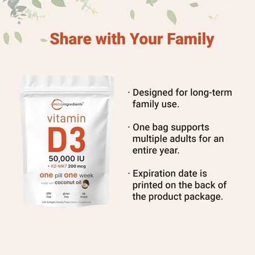 Miniatura 3 de Micro Ingredients Vitamina D3 50,000 UI + K2 MK-7 200 mcg, 240 cápsulas blandas Aceite de coco virgen Apoyo óseo, inmune y del corazón 2 en 1